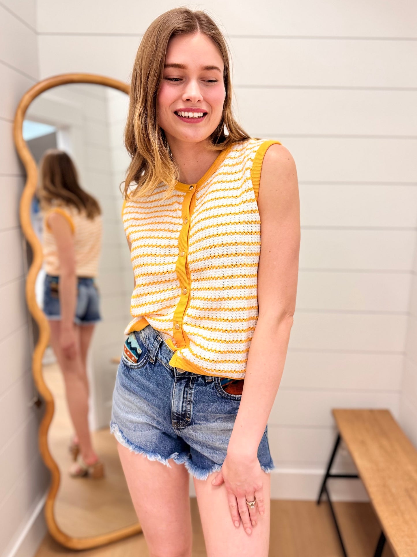 Stripe Knit Button Down Top - Mustard