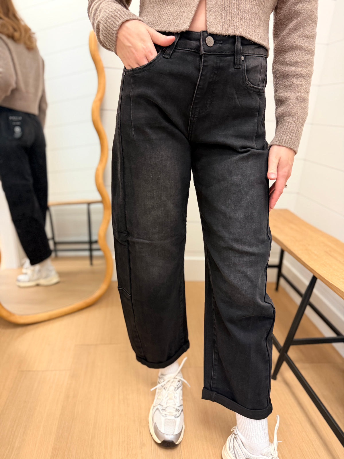High Rise Black Barrel Cuffed Hem Jeans - Risen