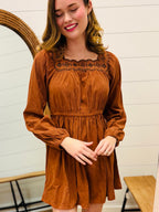 Embroidery Square Neck Corduroy Dress