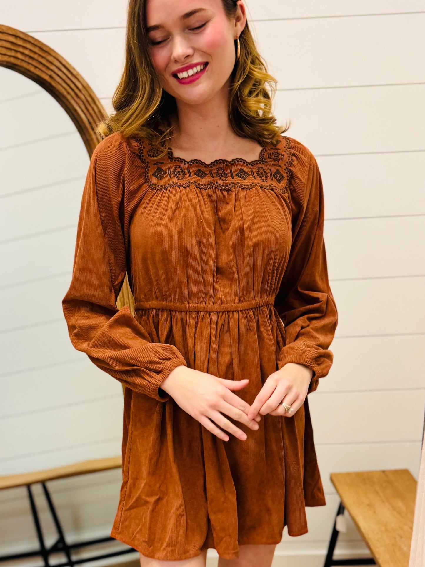 Embroidery Square Neck Corduroy Dress