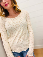 Floral Printed Lettuce Hem Fitted Knit Top