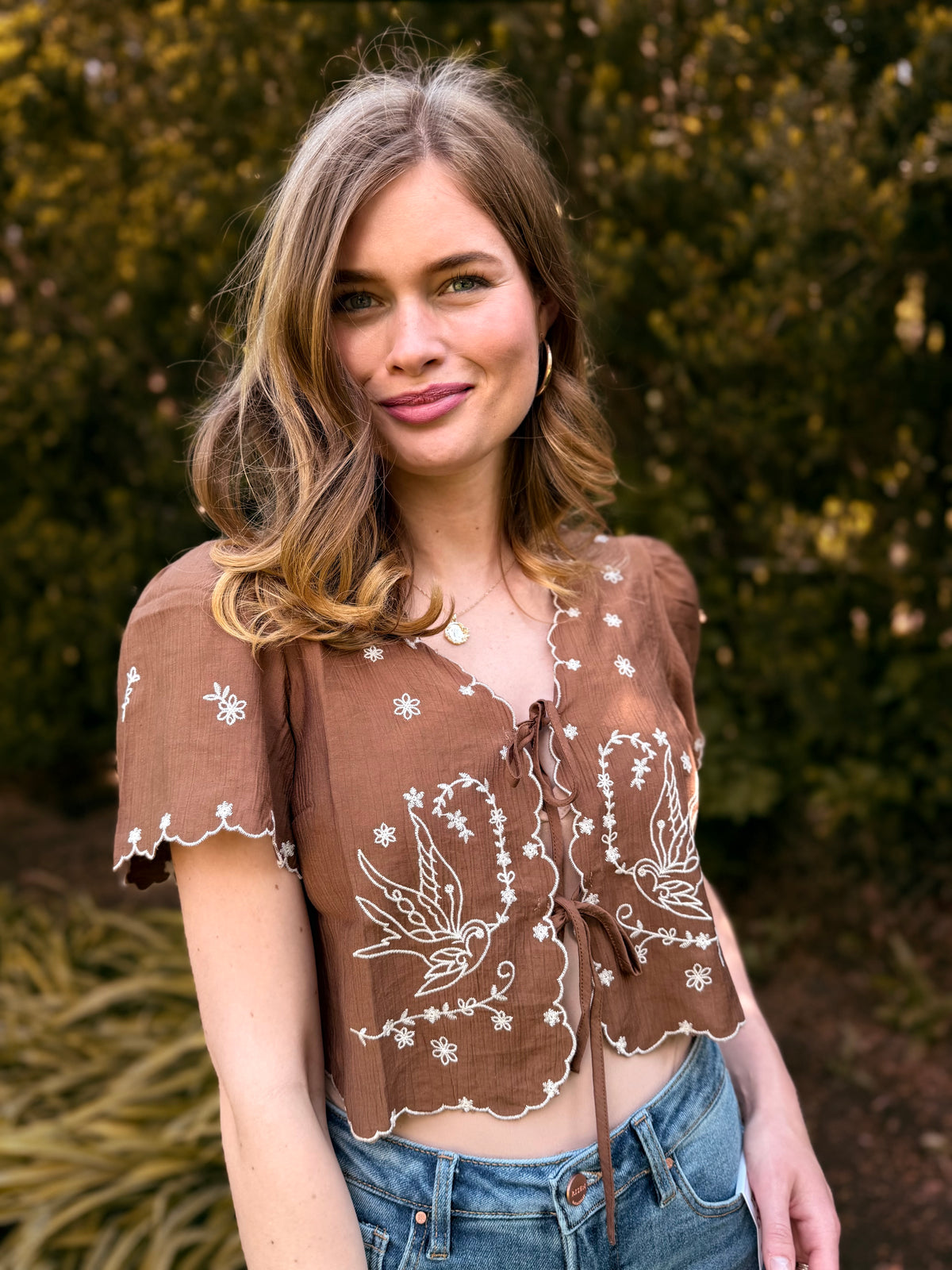 Bird Embroidery Short Sleeve Front Tie Top