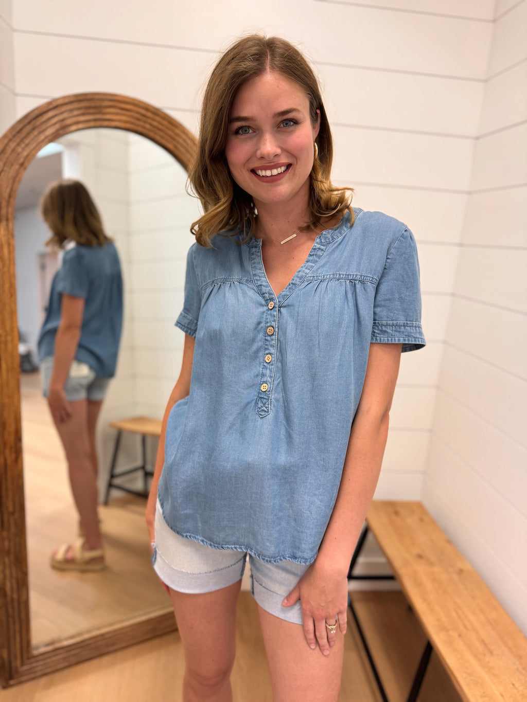 Chambray Half Button Down Top