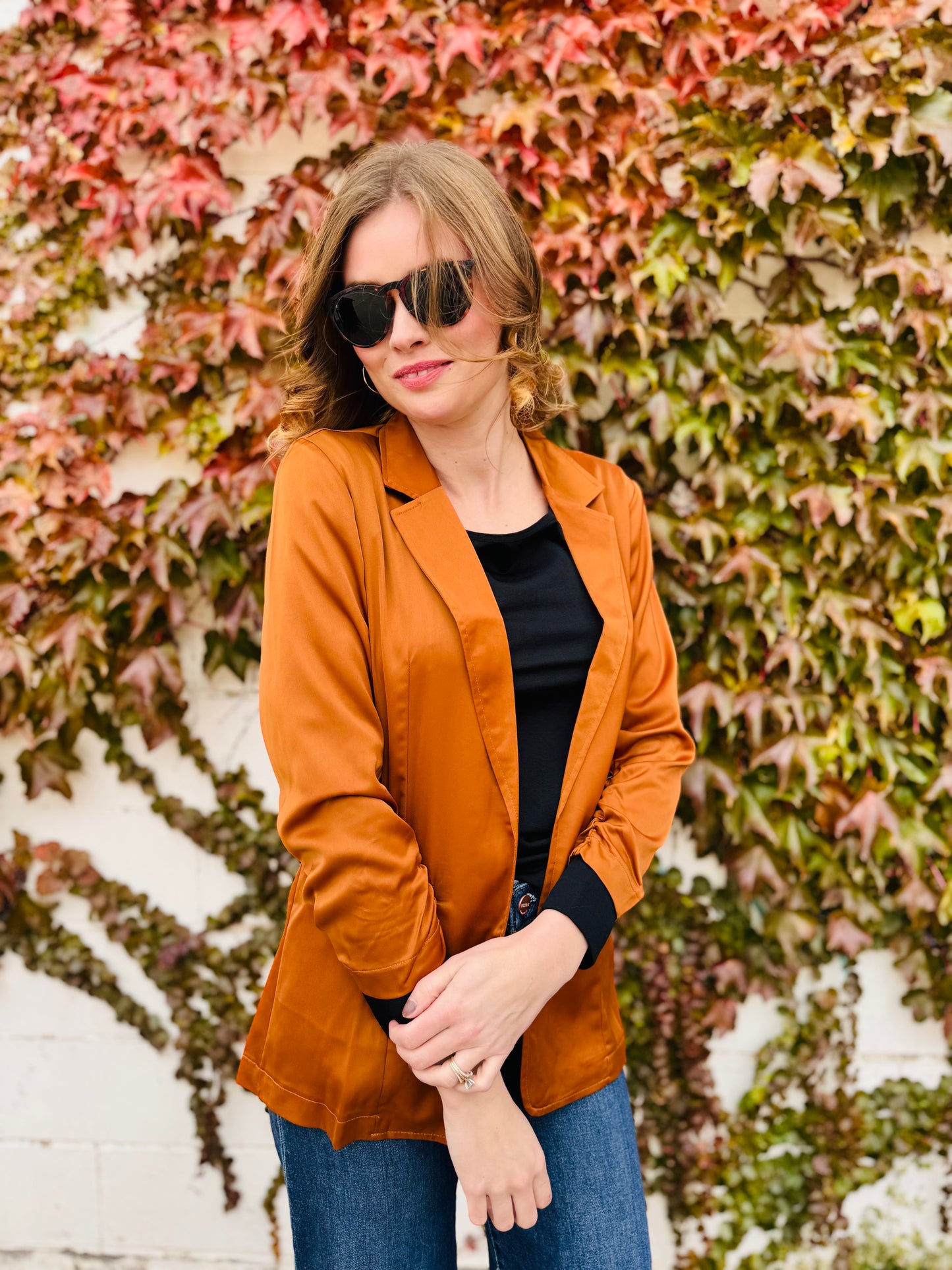 Satin Ruched Sleeve Blazer Jacket
