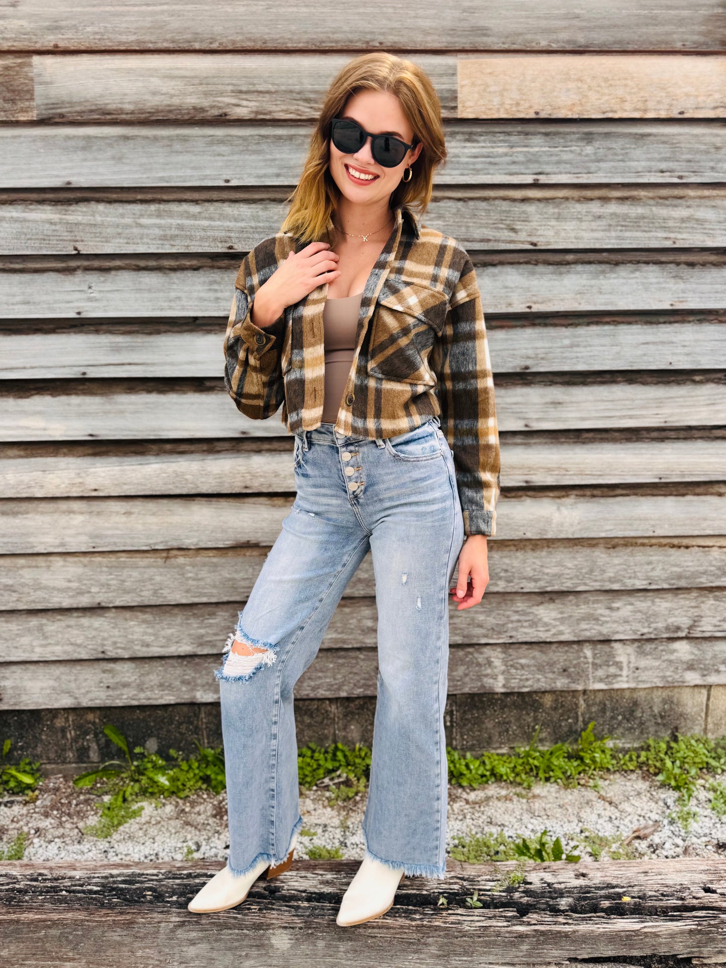 Button-down Short Plaid Shacket - Brown