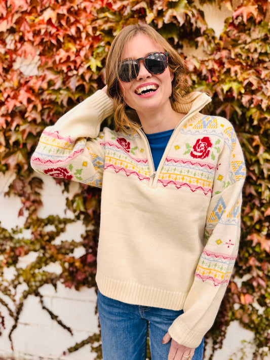 Rose Fair Isle Half Zip Knit Pullover Sweater