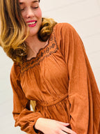 Embroidery Square Neck Corduroy Dress