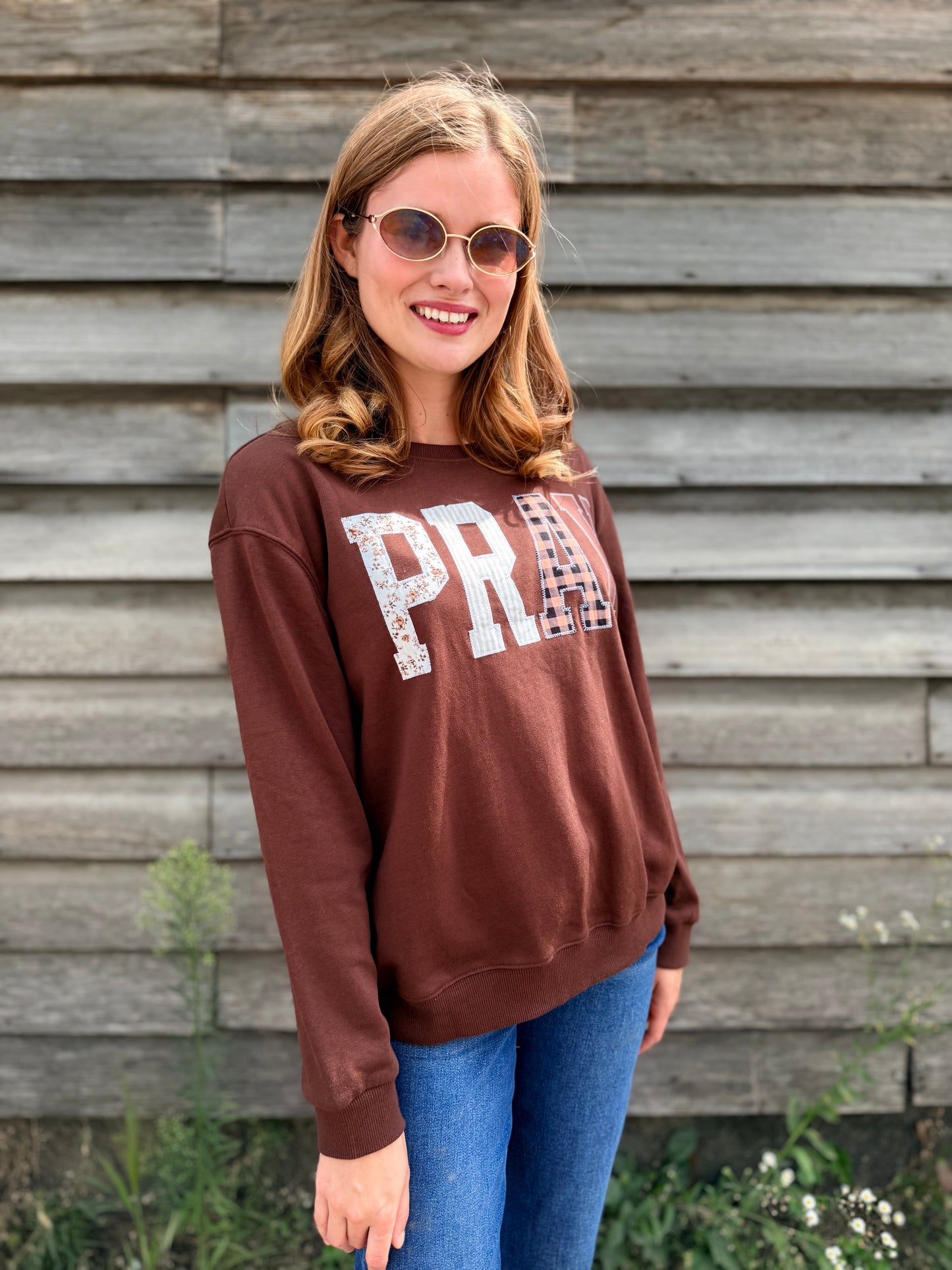 Pray Floral Stripe Gingham Embroidered Patch Sweatshirt