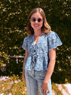 Floral Embroidery Front Tie Scalloped Peplum Top - Chambray