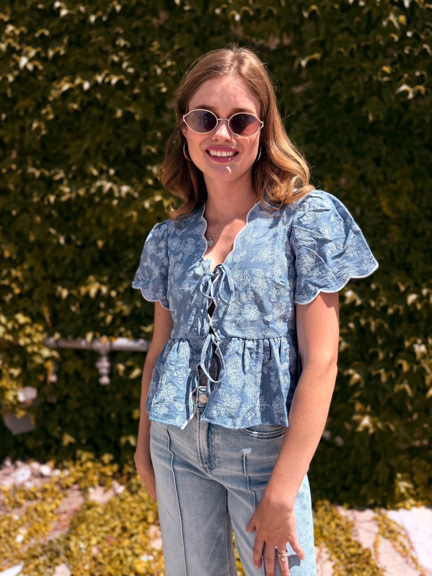 Floral Embroidery Front Tie Scalloped Peplum Top - Chambray