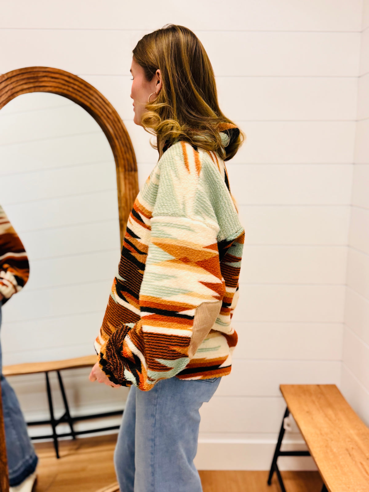 Half Zip Up Aztec Graphic Fleece Top