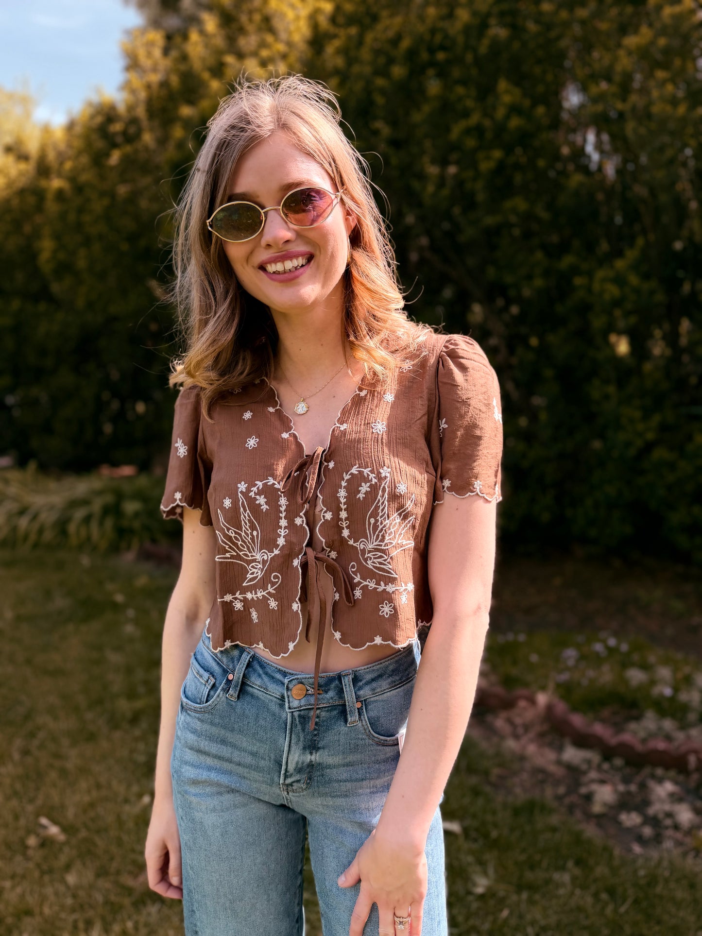 Bird Embroidery Short Sleeve Front Tie Top