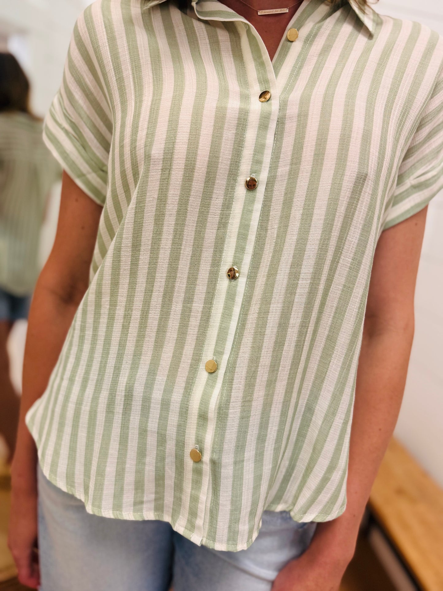 Stripe + Tab Sleeve Button Down Shirt