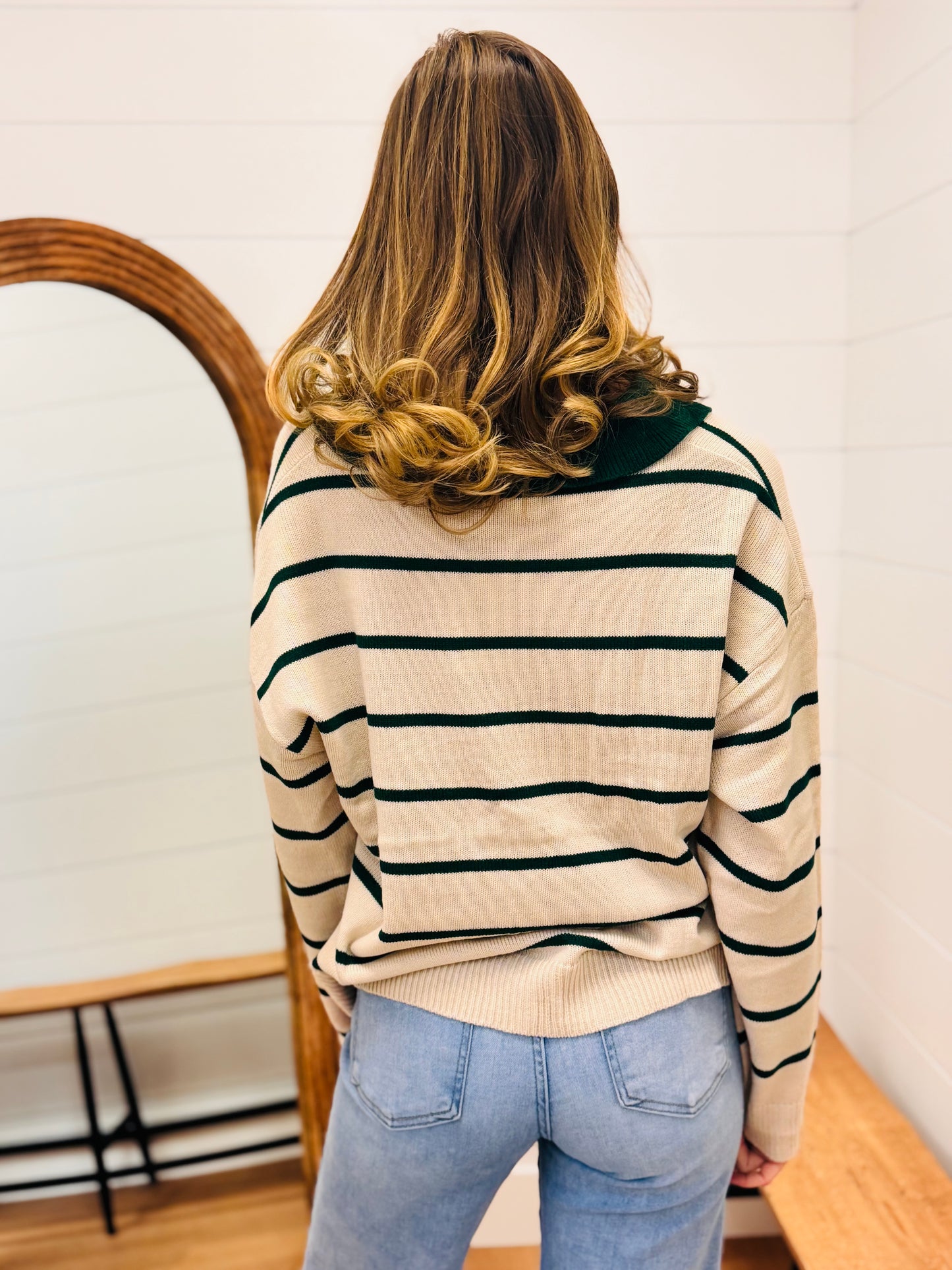 Button Down Sweater with Contrast Stripes and Collar