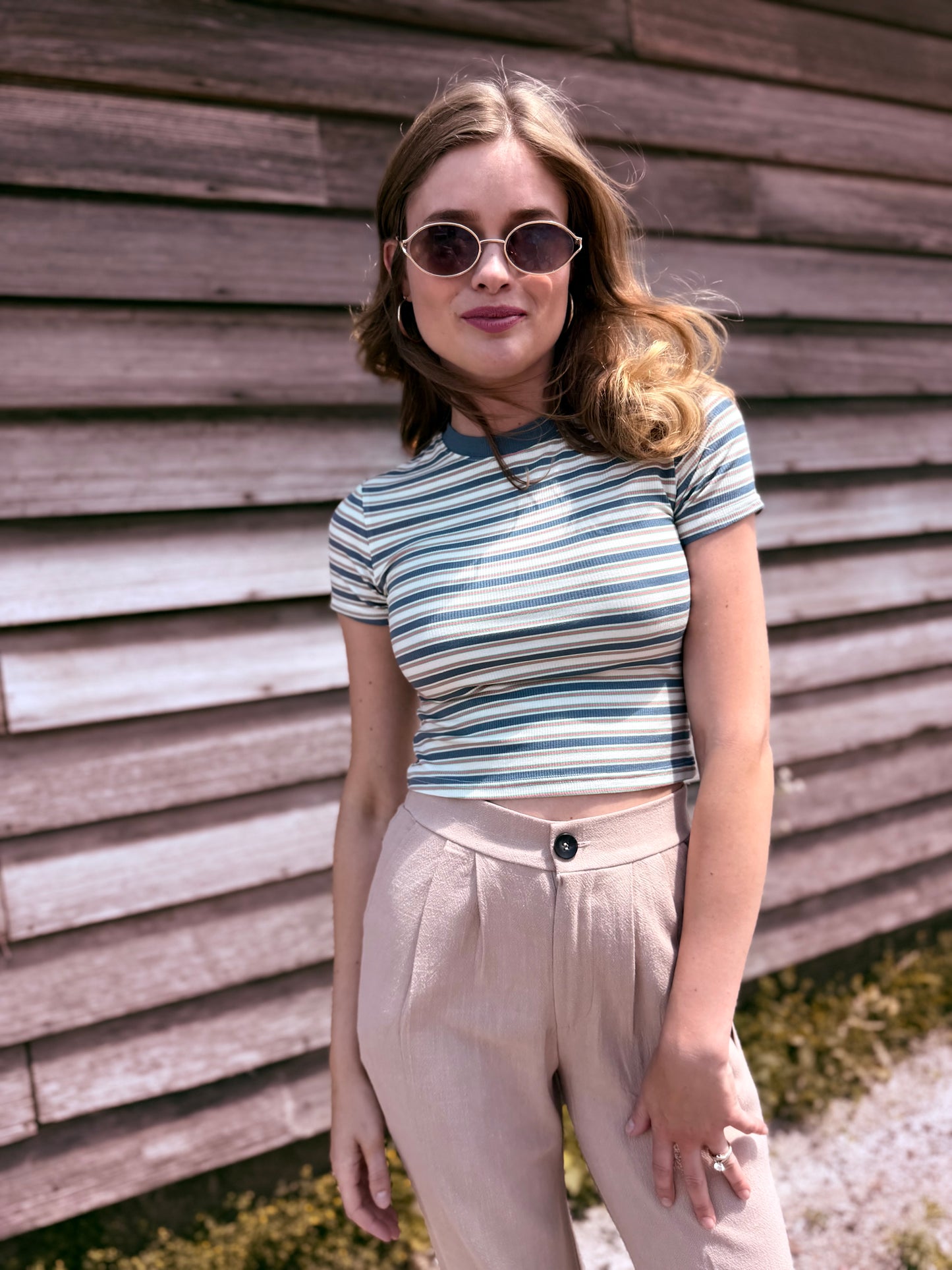 Striped Rayon Ribbed Crop Tee
