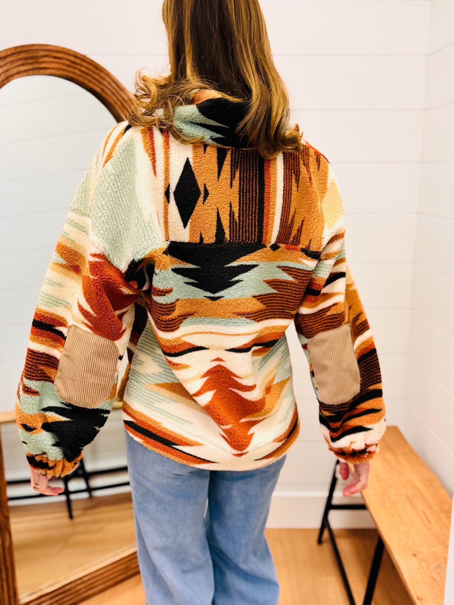 Half Zip Up Aztec Graphic Fleece Top