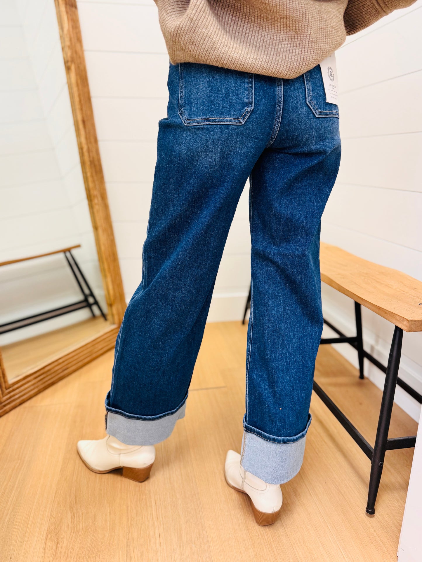 High Rise Ankle Wide Button Down Cuffed Jeans