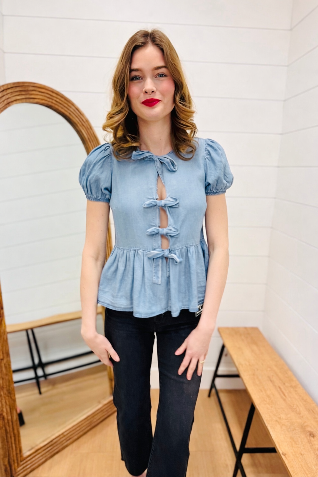 Front Tie Ruffle Hem Puff Sleeve Blouse
