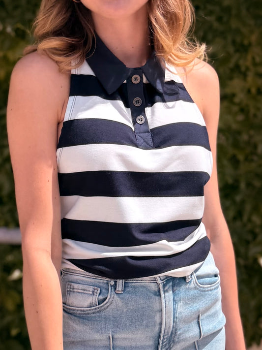 Striped Polo Neck Tank Top