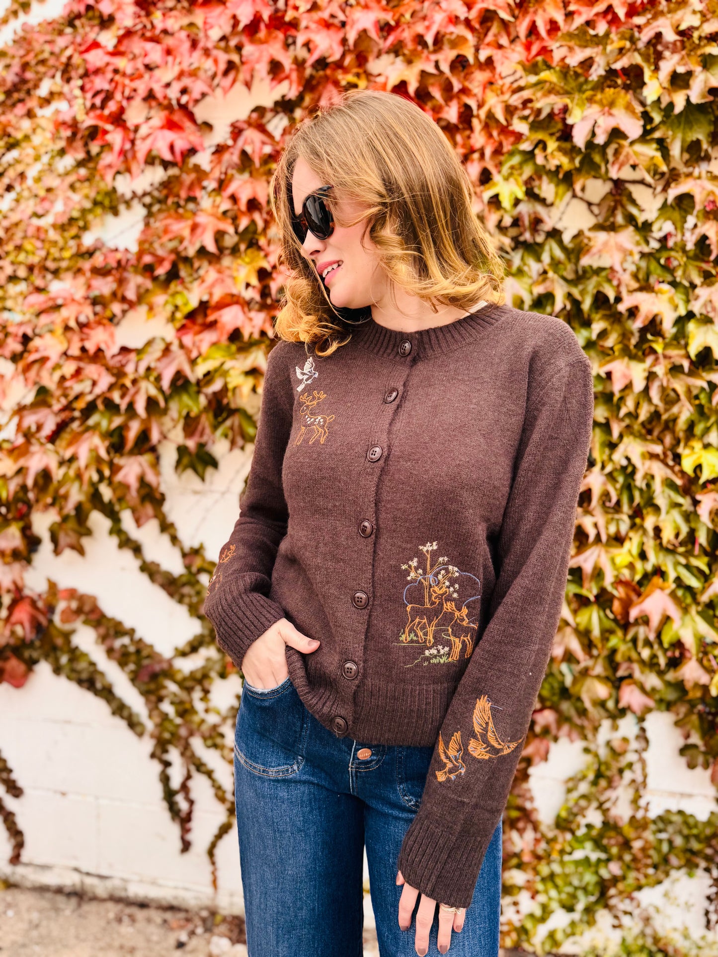 Animal Embroidery Detail Button Down Knit Cardigan