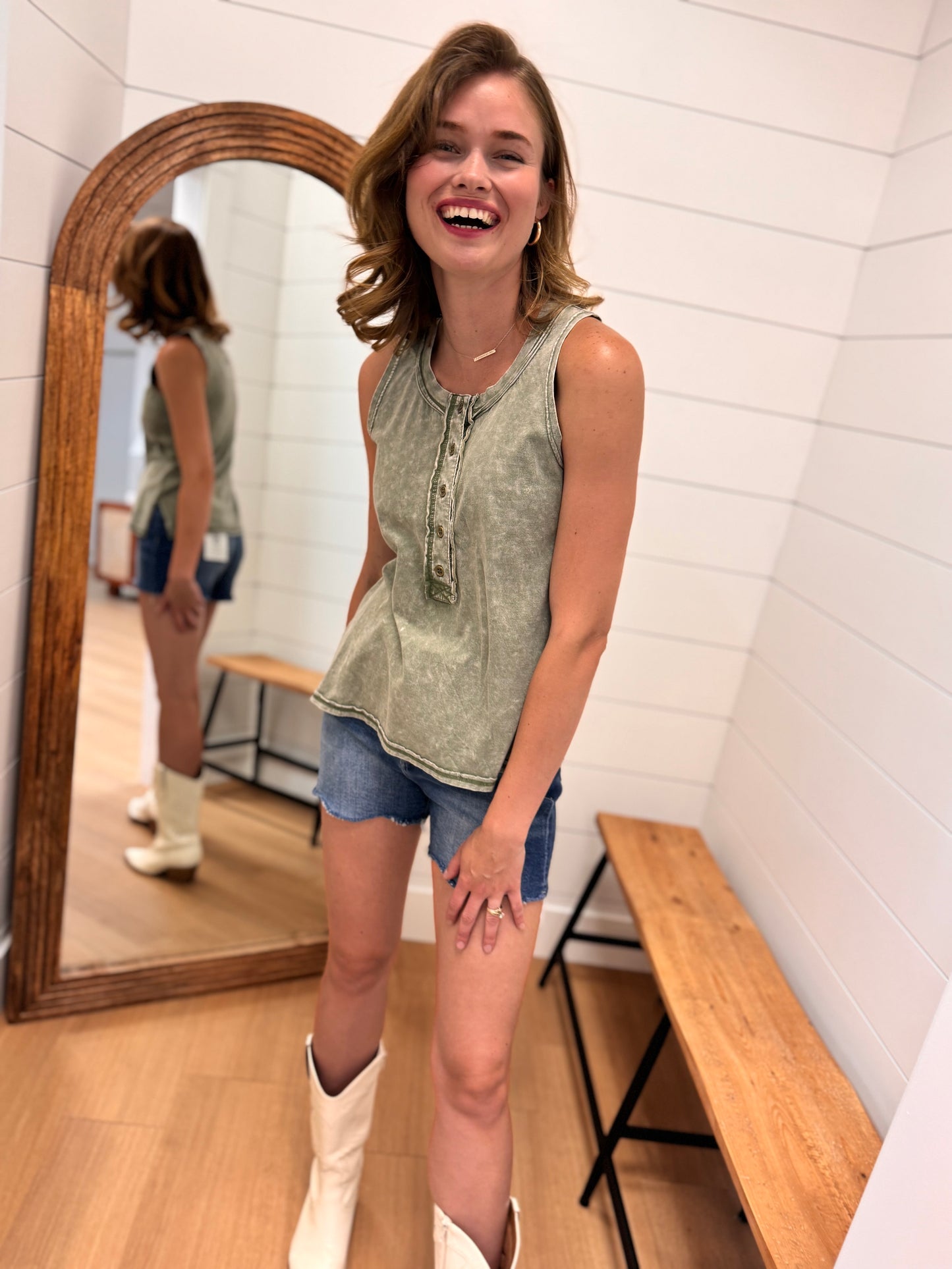 Washed Look Olive Tank Top