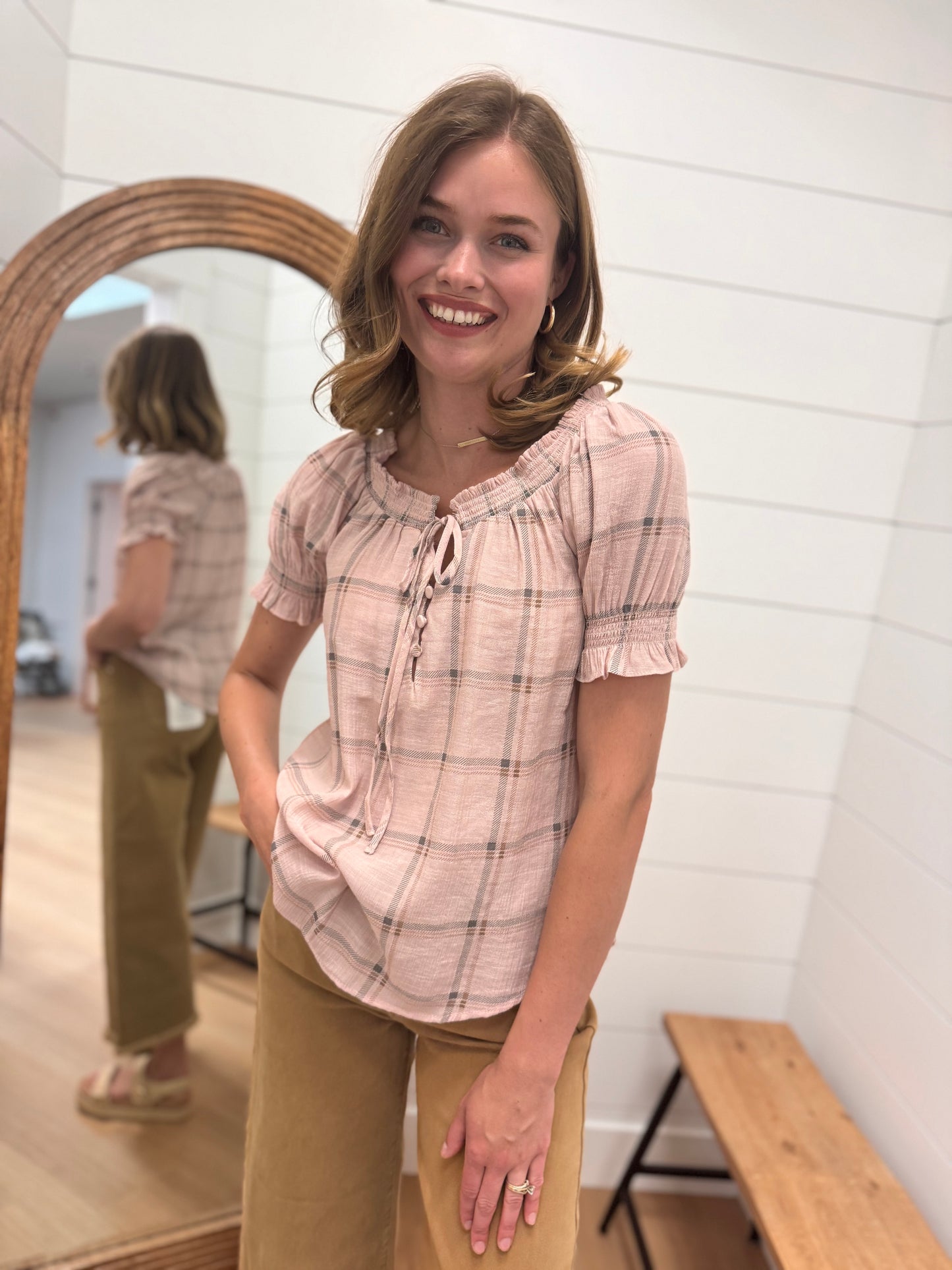 Plaid Split Tie Neck Top