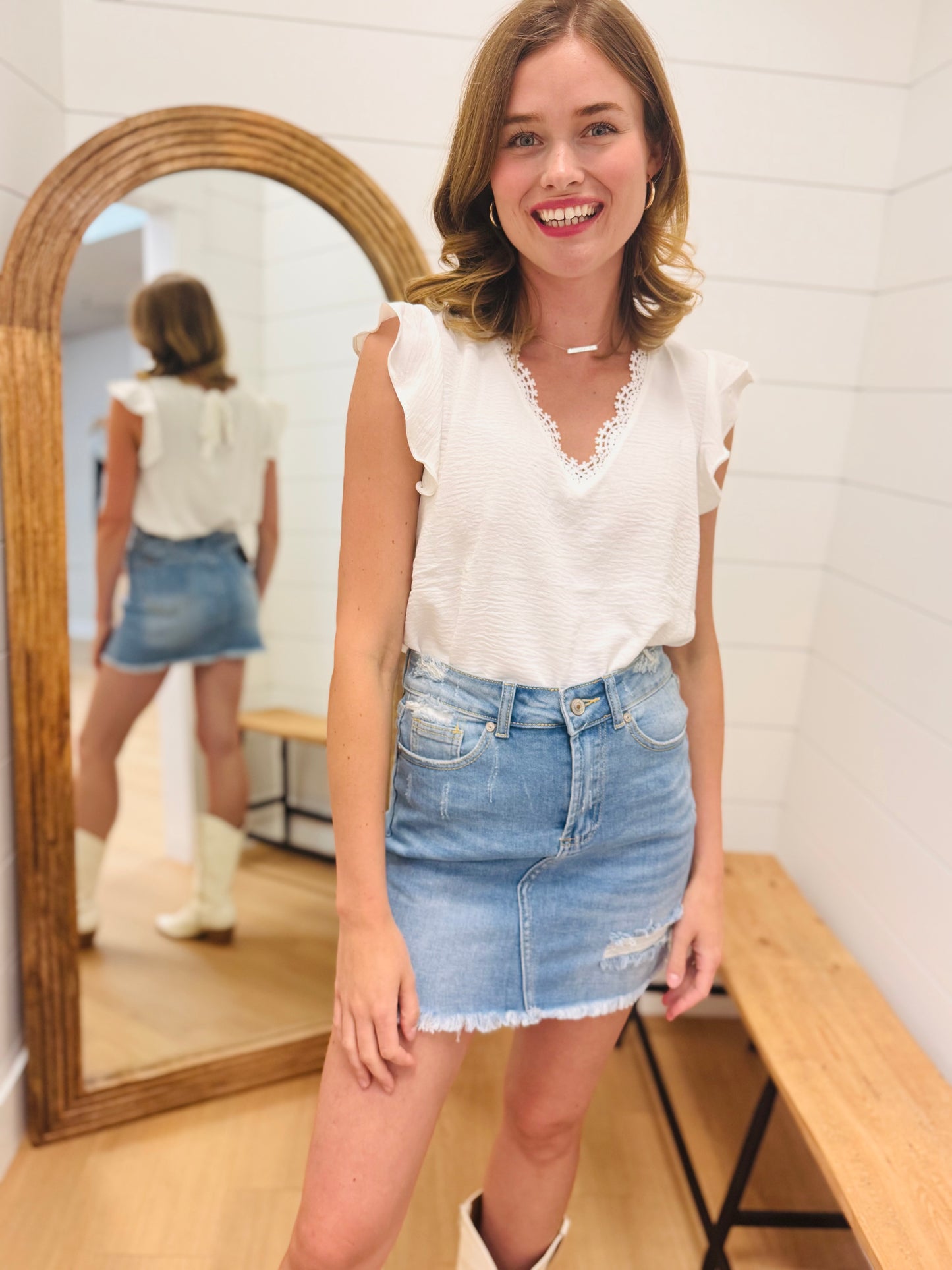 Light Wash Mini Skirt with Undone Hem