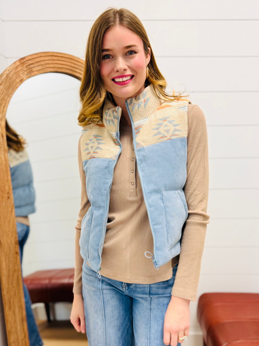 Aztec Graphic Corduroy Casual Puffer Vest