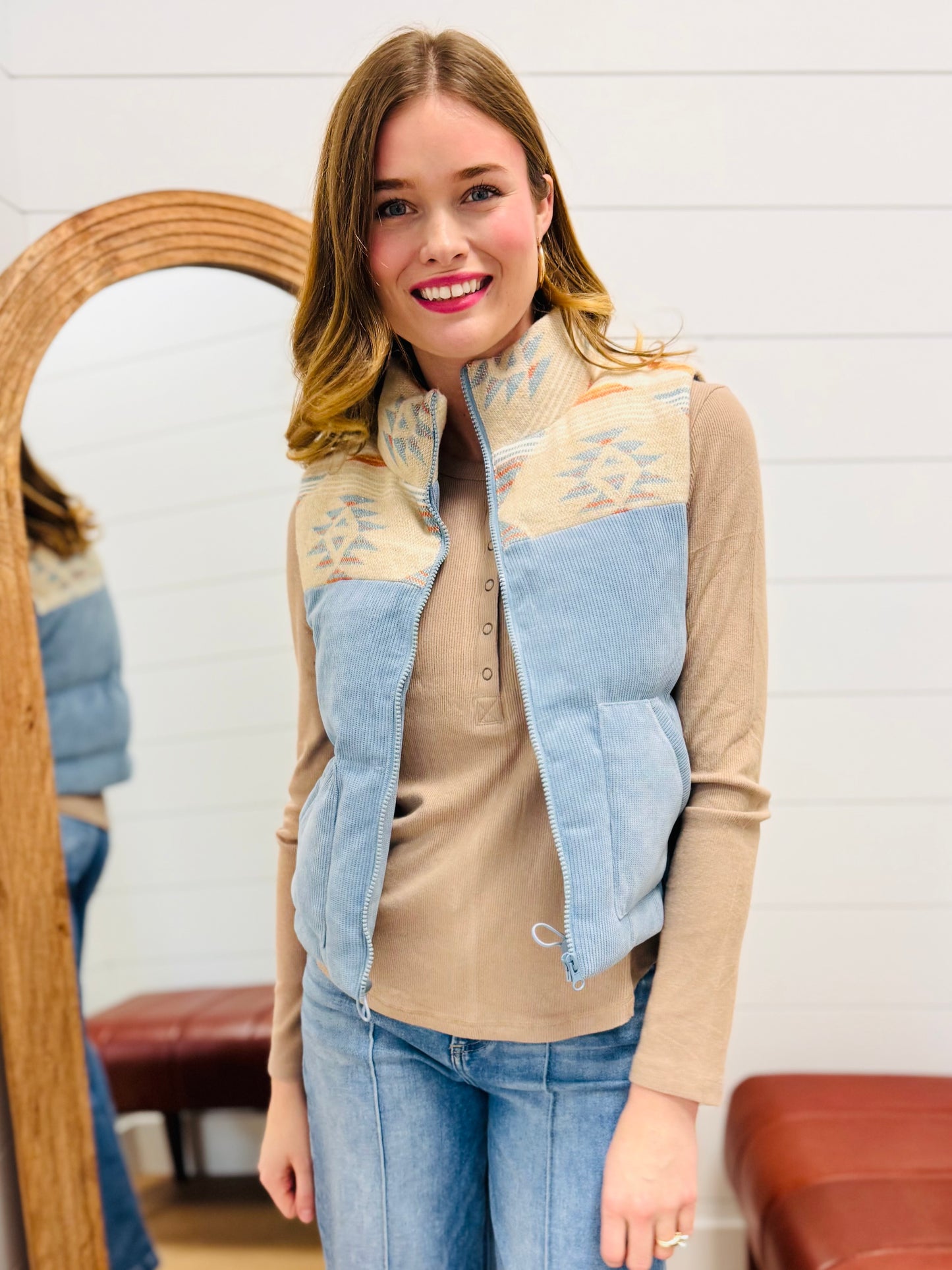 Aztec Graphic Corduroy Casual Puffer Vest