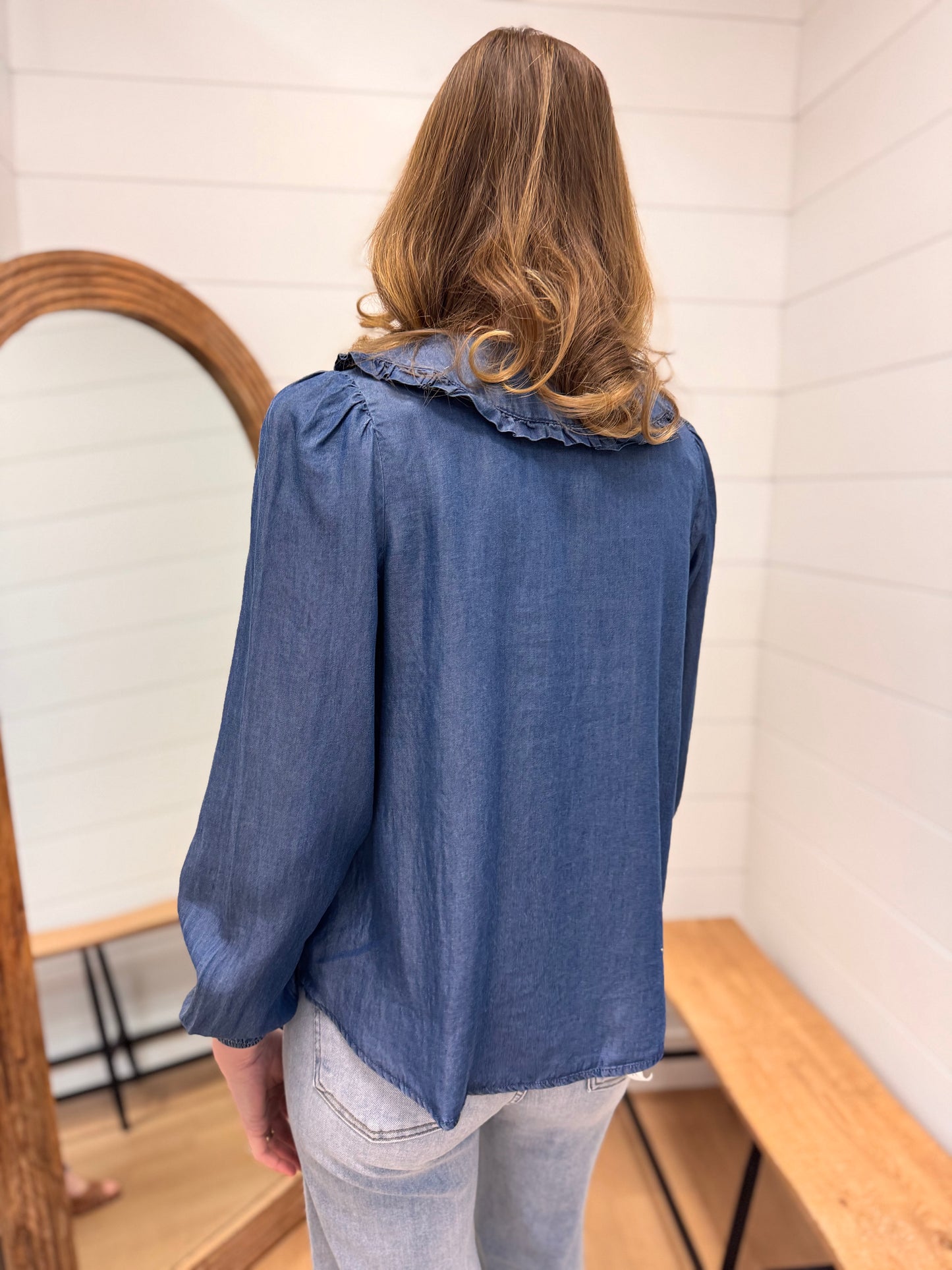 Denim Collared Pintuck Detail Long Sleeve Top