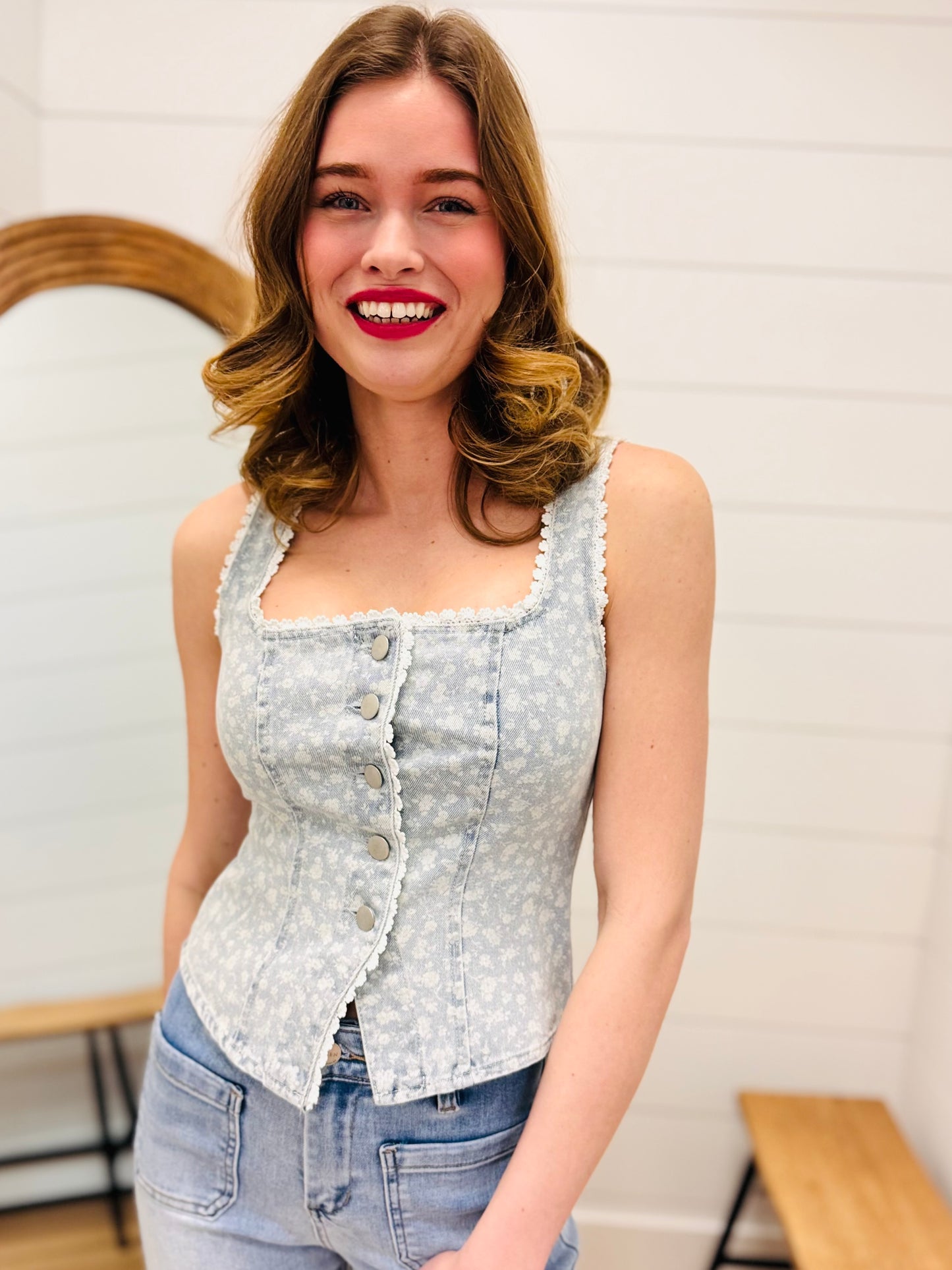 Jacquard Denim Floral Pattern Lace Trim Vest Top