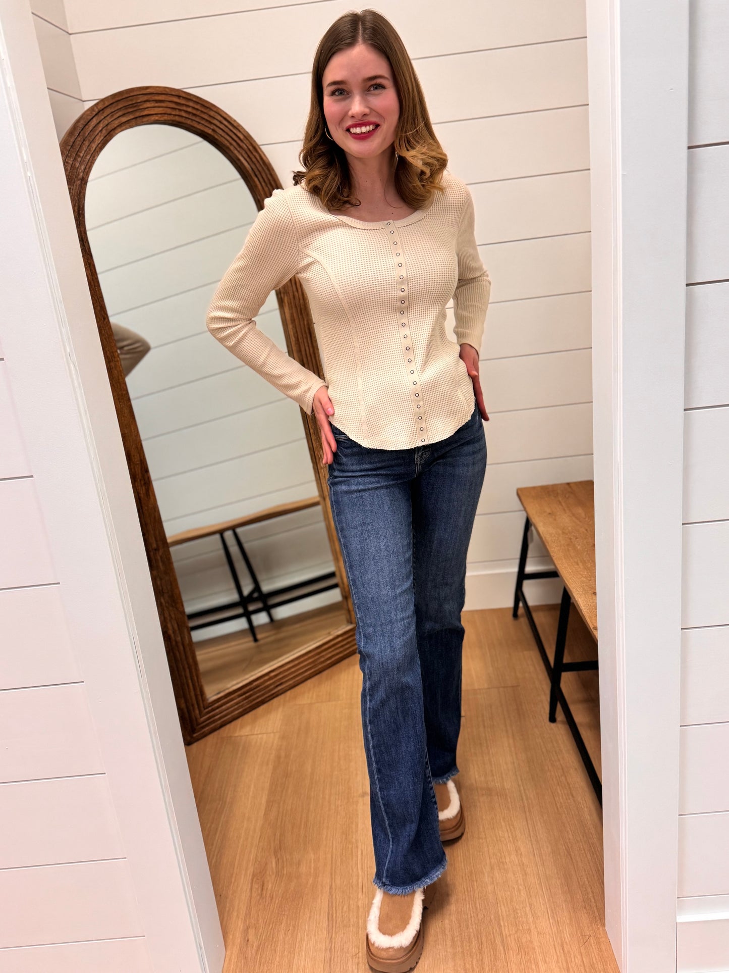 Button Down Fitted Knit Casual Top - Oatmeal