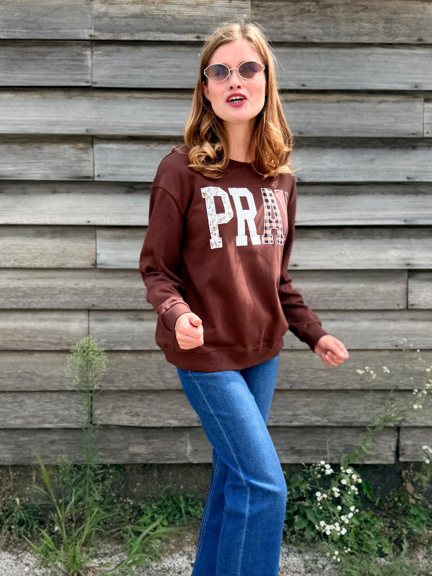 Pray Floral Stripe Gingham Embroidered Patch Sweatshirt