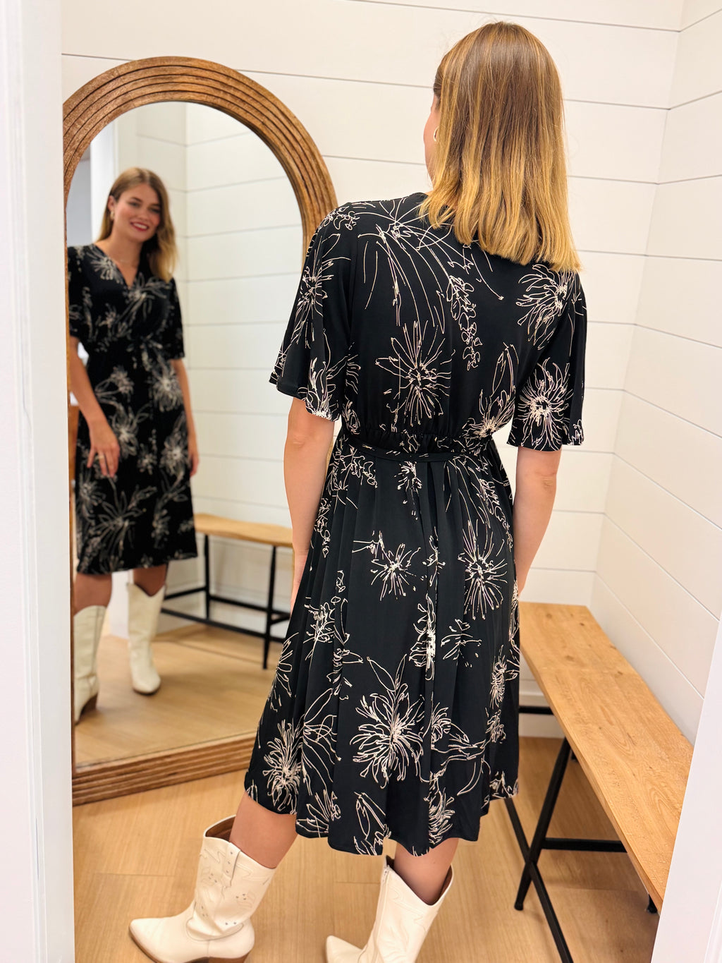 Classic Black Wrap Dress with White Floral