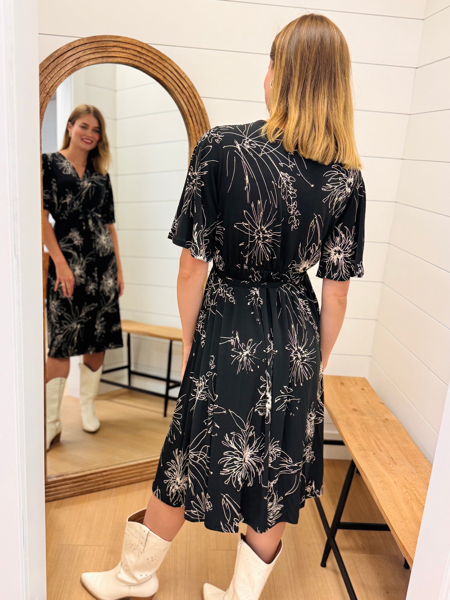 Classic Black Wrap Dress with White Floral