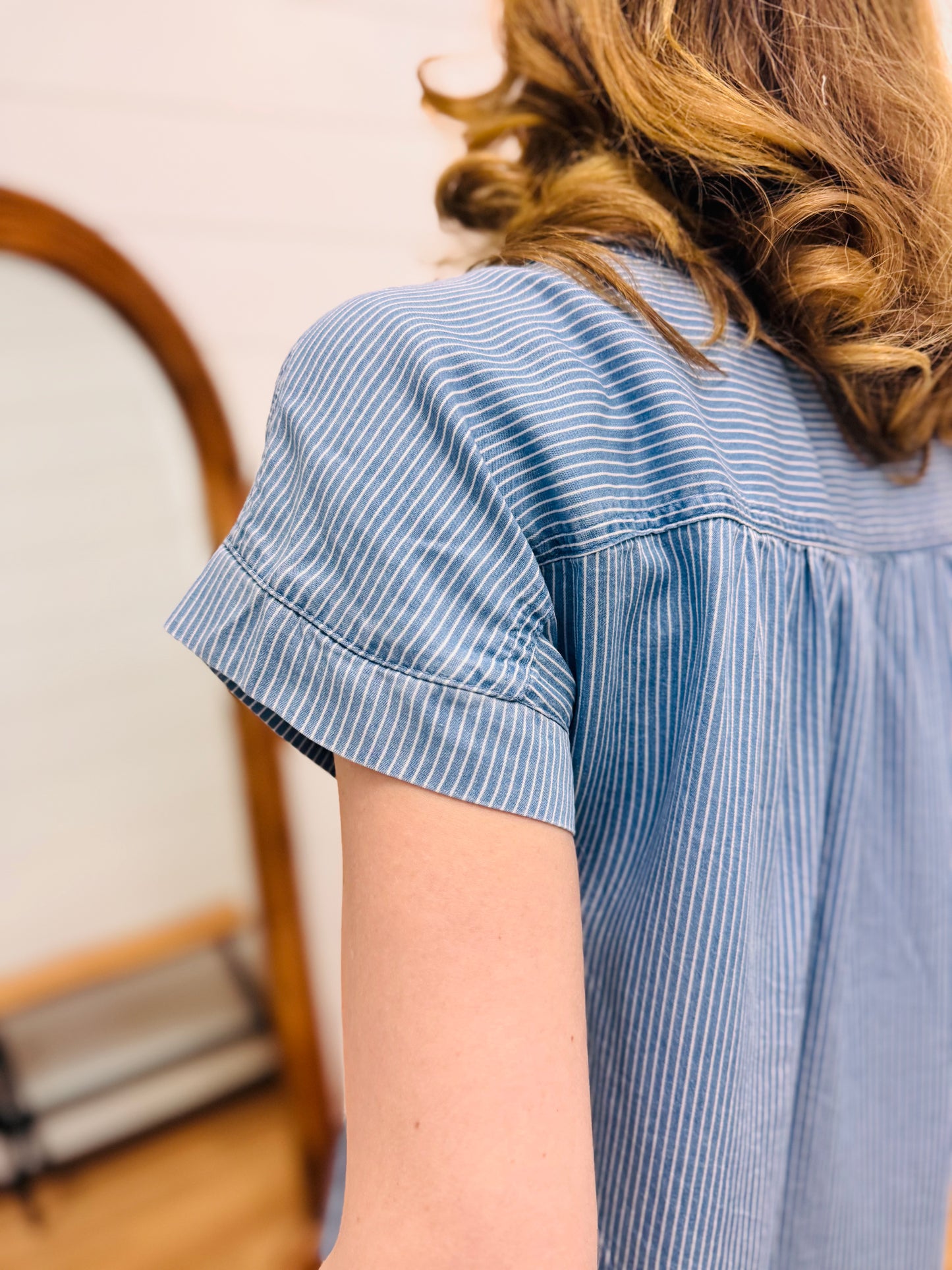 Stripe Chambray Henley Ruched Detail Top