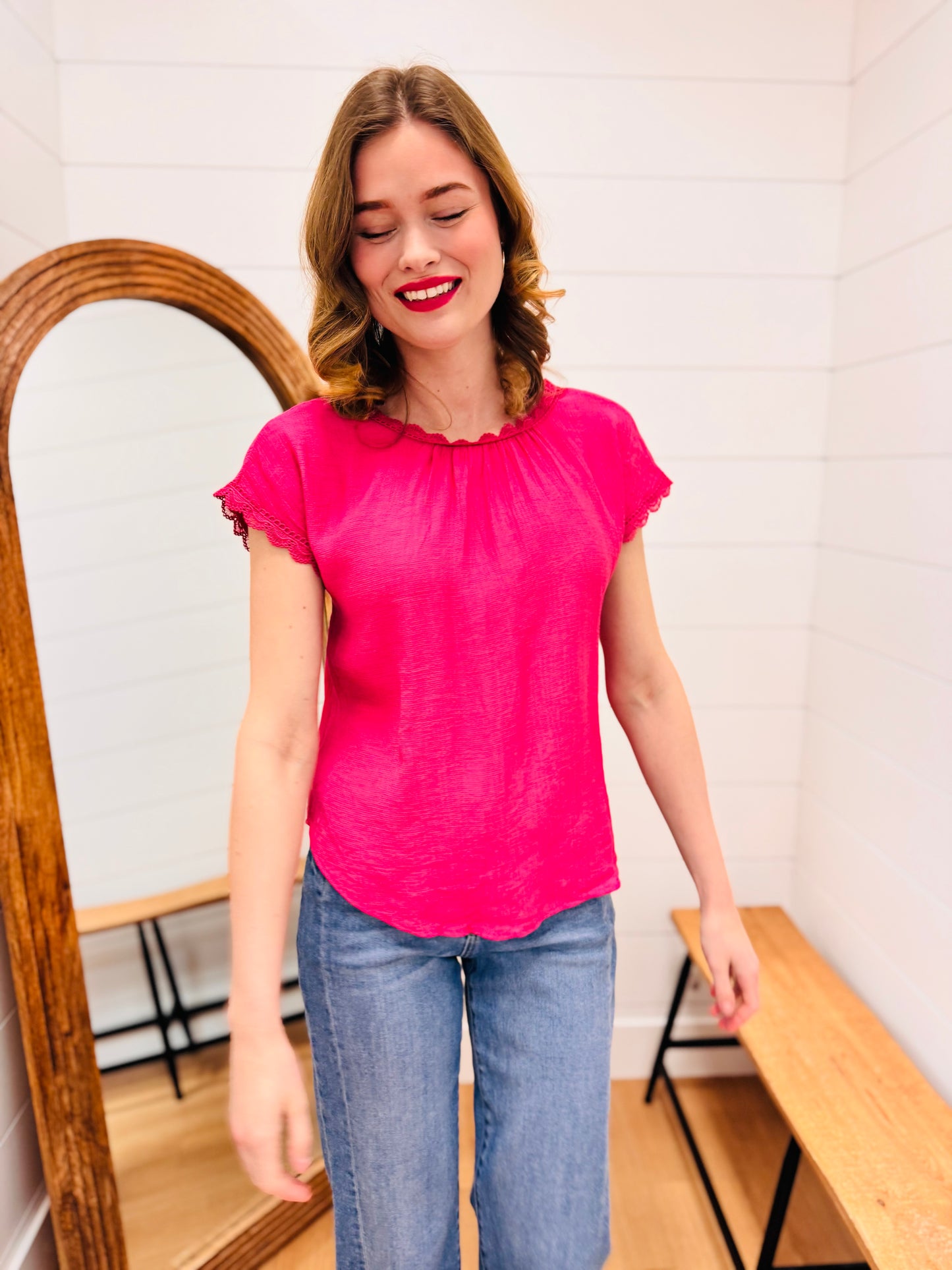 Lace Trim Back Bow Detail Short Sleeve Blouse