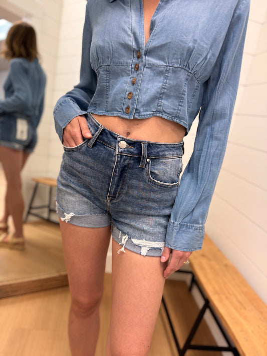 High Rise Ripped Hem Shorts - Risen
