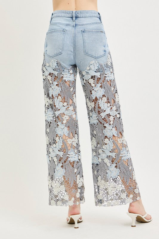High Rise Wide Crop Lace Risen Denim