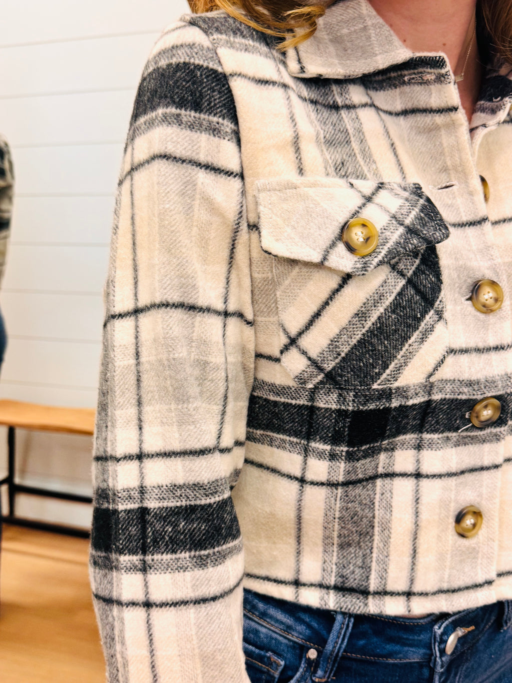 Cropped Casual Plaid flannel Jacket - White + Grey