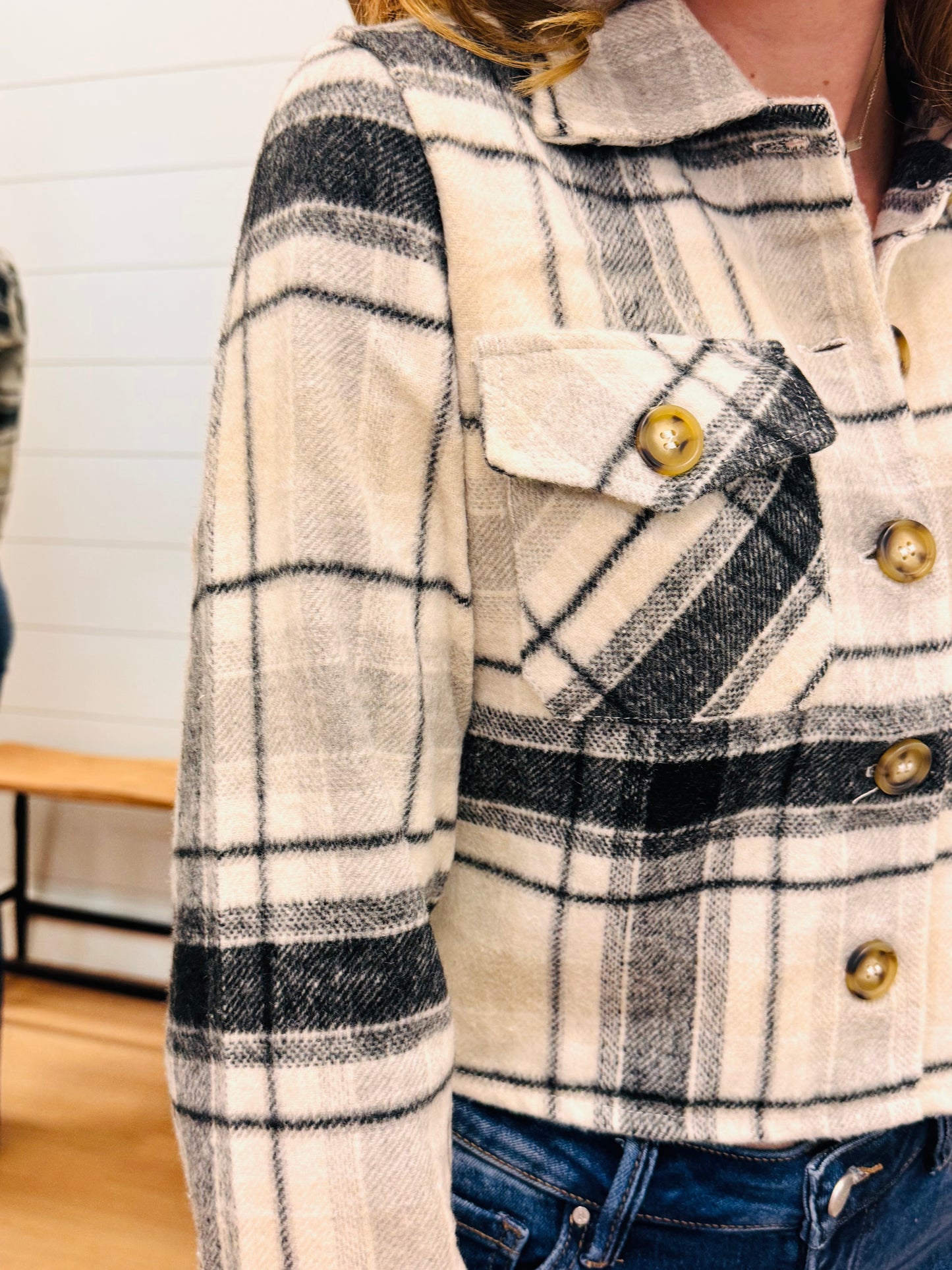 Cropped Casual Plaid flannel Jacket - White + Grey