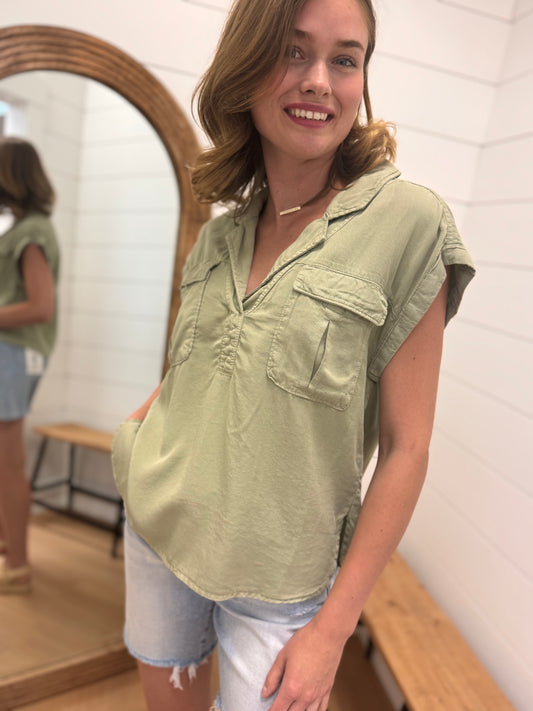 Olive Top with Front Pockets