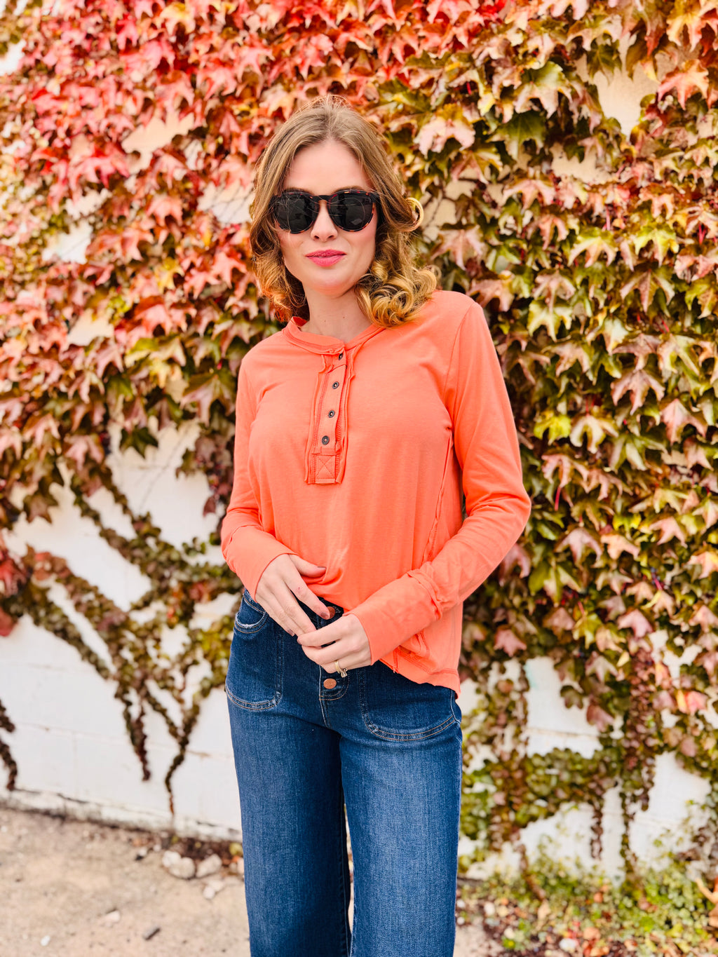 Thumb Holes Button Closure Long Sleeve Top
