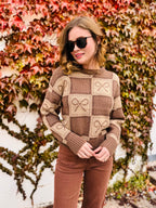 Checkered Bow Jacquard Crewneck Knit Sweater