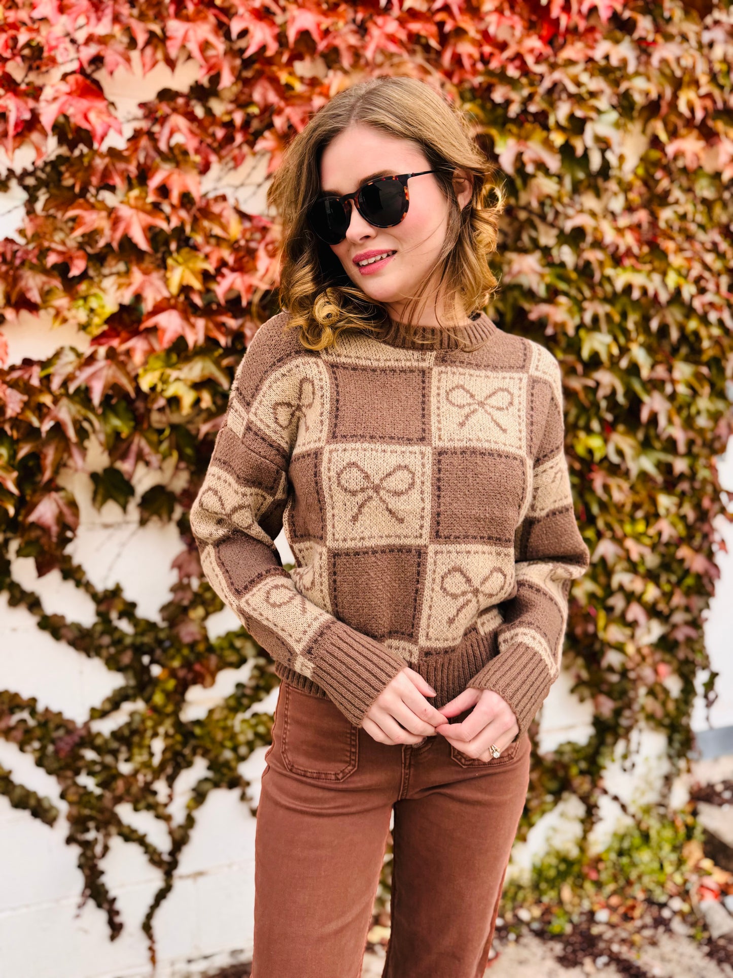 Checkered Bow Jacquard Crewneck Knit Sweater