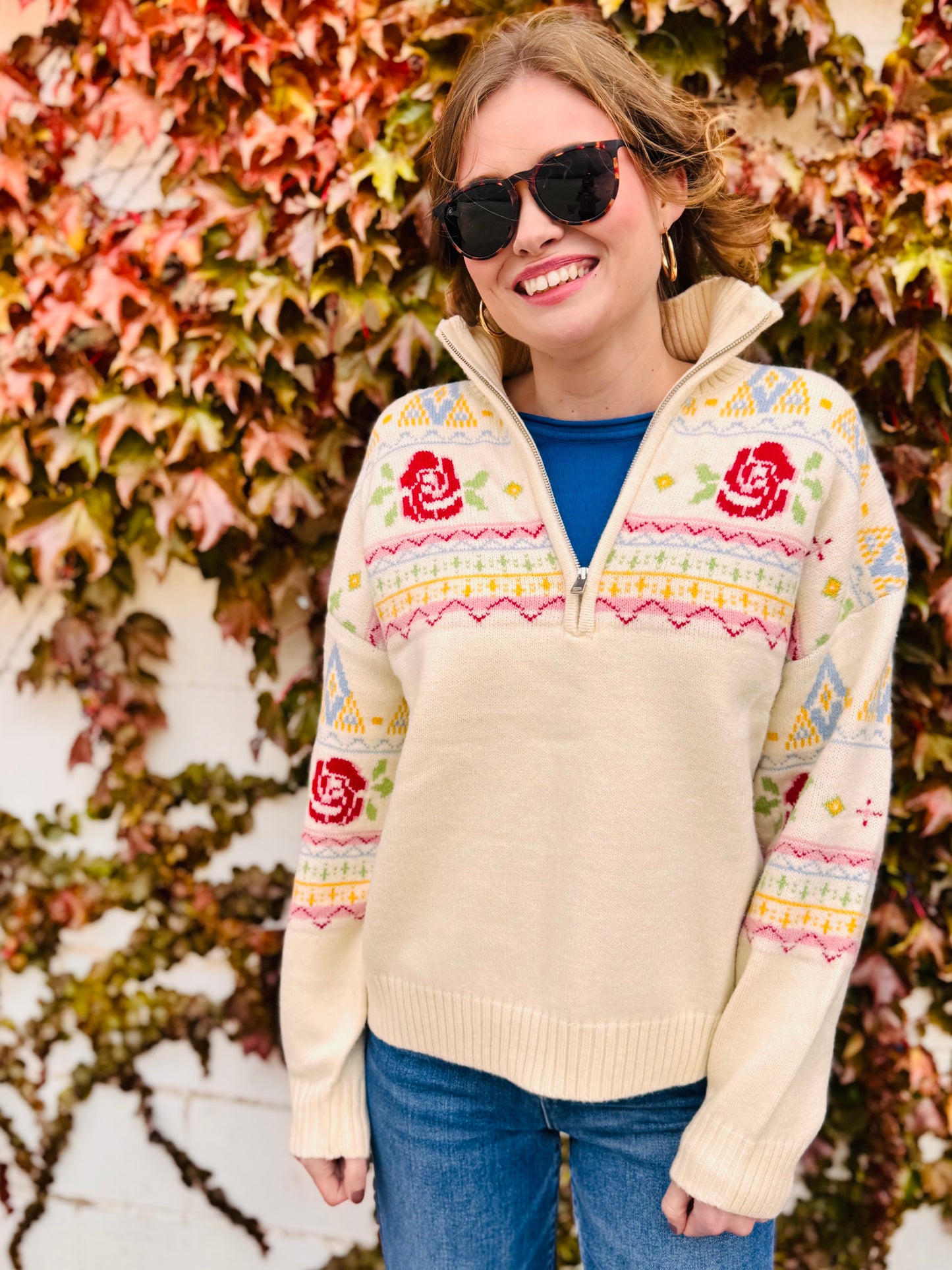 Rose Fair Isle Half Zip Knit Pullover Sweater
