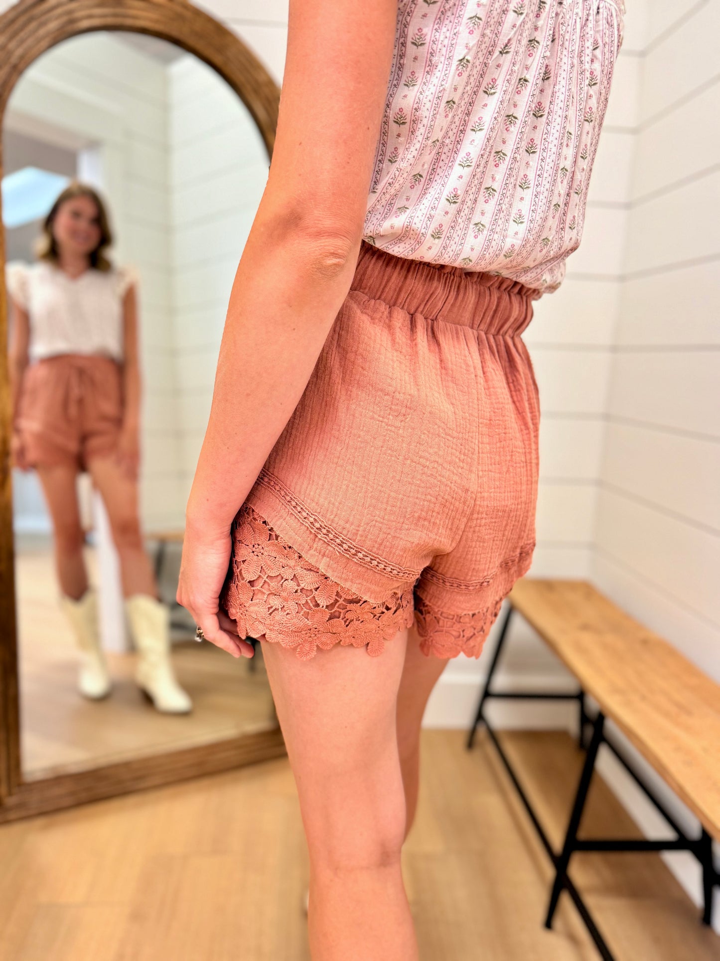 Elastic Waist Shorts with Lace Details