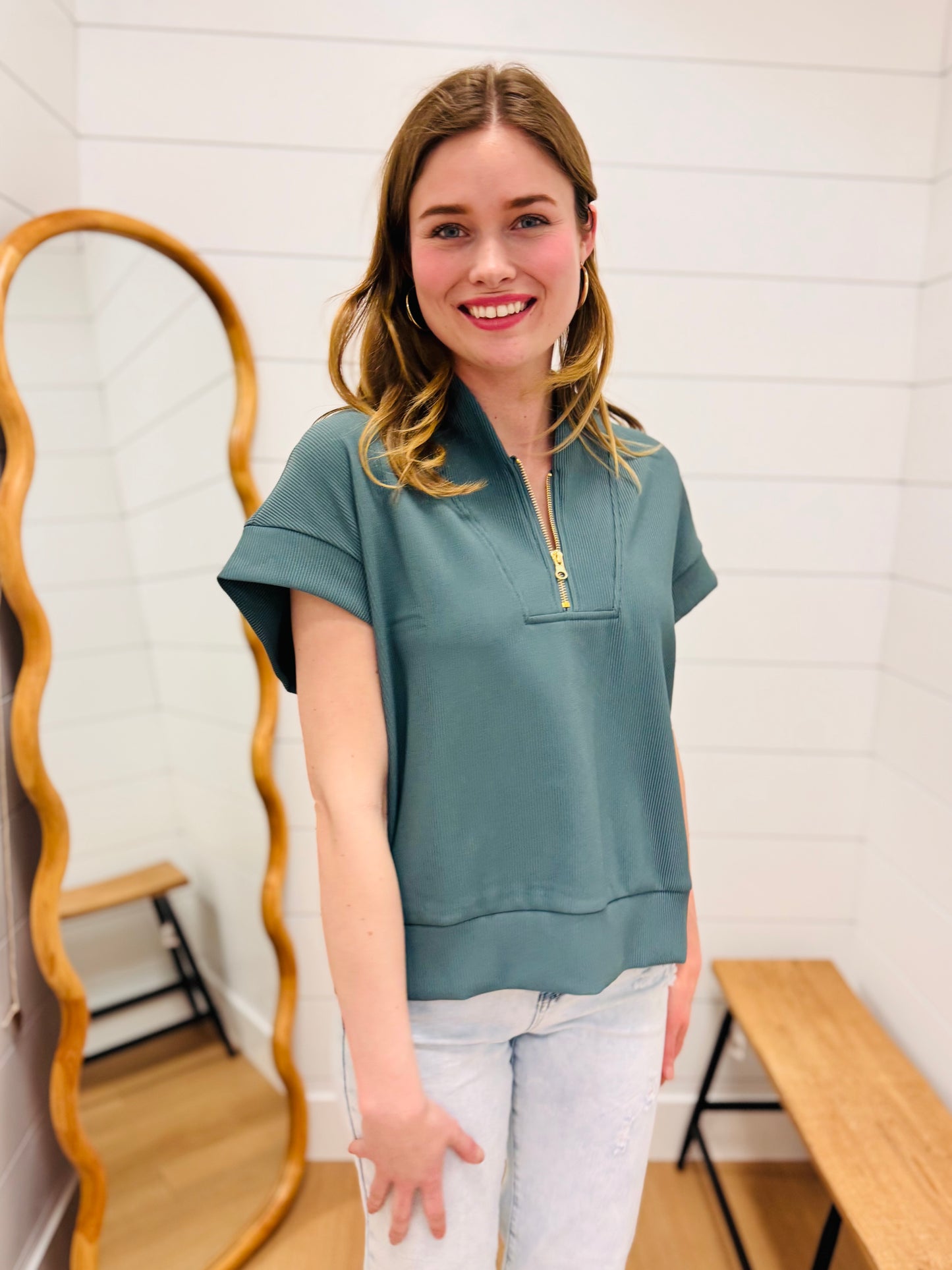 Half Zip Short Sleeve Top - Jade