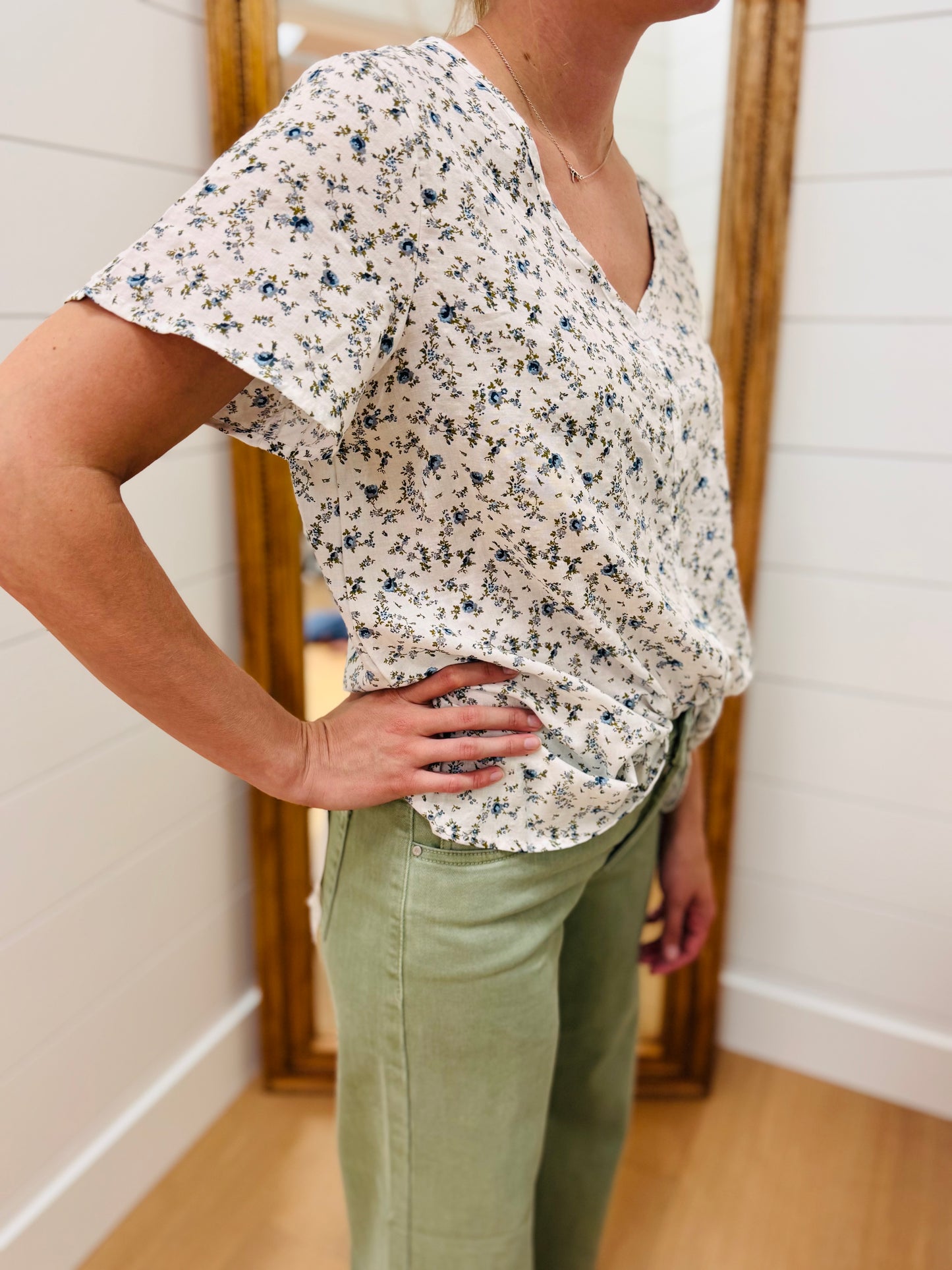 White + Navy Mini Floral Top
