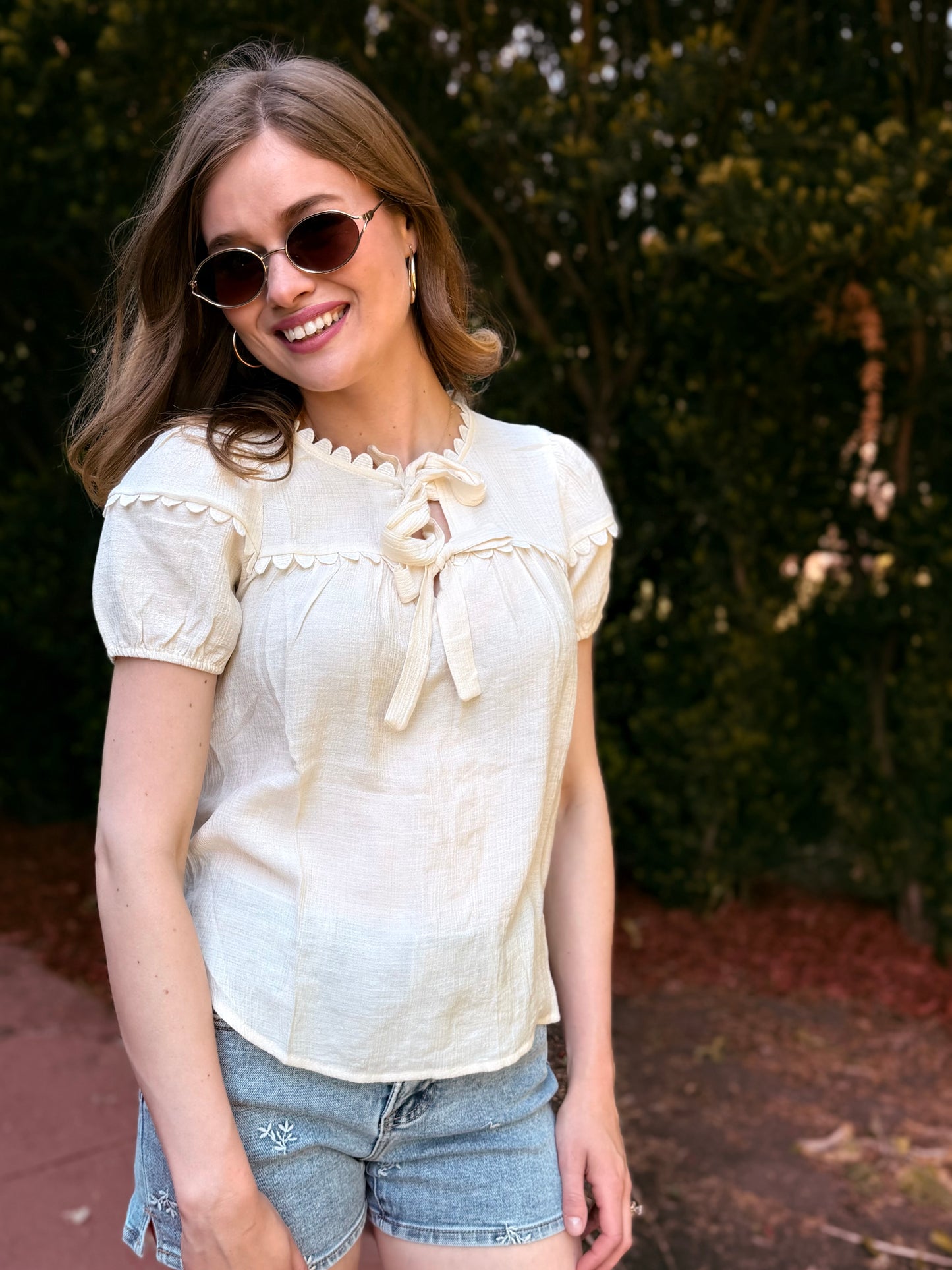Scallop Trim Front Tie Detail Puff Sleeve Top